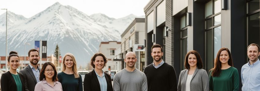Small business owners in Anchorage Alaska with mountain skyline backdrop representing local business financing