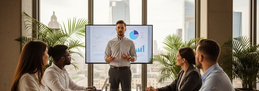 Entrepreneur presenting startup pitch to angel investors in a modern conference room