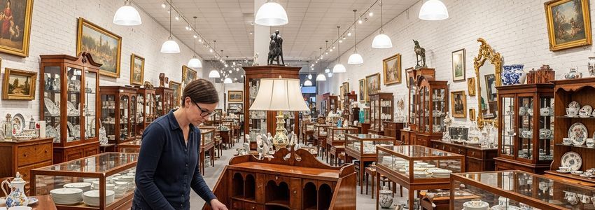 Antique store interior with display cases, vintage furniture, and collectibles — antique store business loans