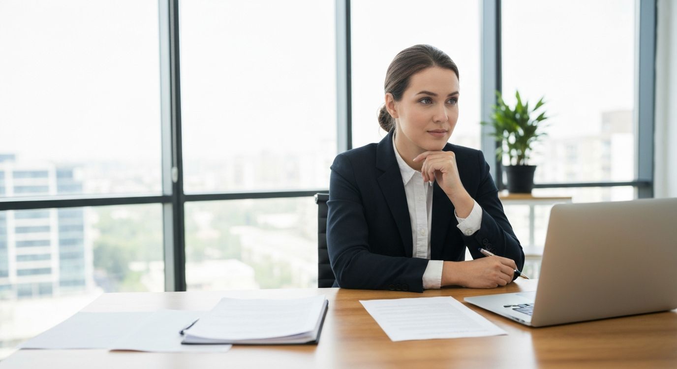Business professional reviewing financial loan documents at a modern office desk