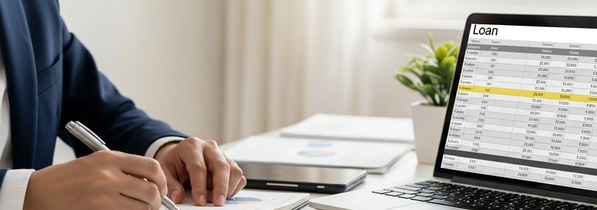 Business professional calculating APR on business loan documents