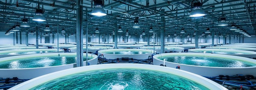 Modern indoor aquaculture fish farming facility with circular tanks and recirculating aquaculture systems