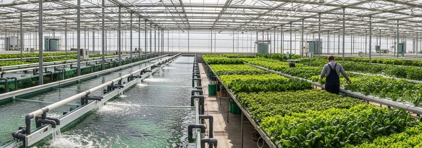 Commercial aquaponics greenhouse with fish tanks and hydroponic grow beds