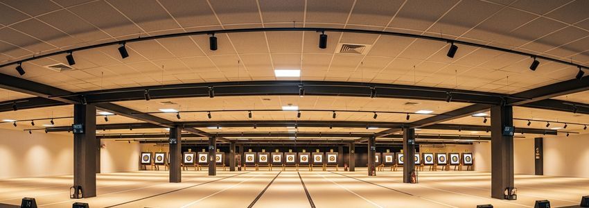 Professional indoor archery range with shooting lanes and targets