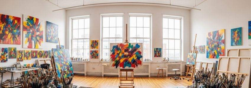 Professional art studio with colorful paintings and natural lighting showing a thriving creative business space
