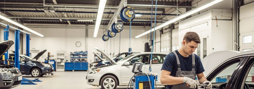 Auto body shop technician working on a vehicle in a professional collision repair facility
