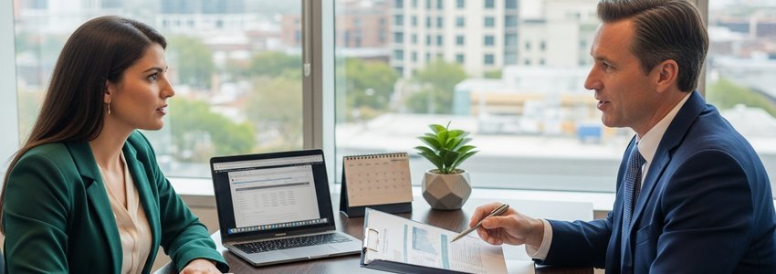 Business owner reviewing loan documents with financial advisor to avoid default