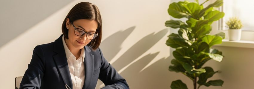 Business owner signing B corp certification documents at office desk