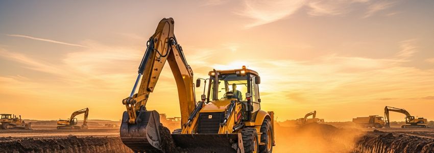 Backhoe loader operating on a construction site at golden hour