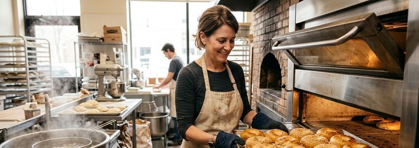 Bagel shop owner removing fresh bagels from a commercial deck oven in a bakery kitchen