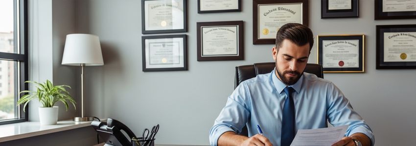 Professional bail bondsman reviewing financing documents at an office desk