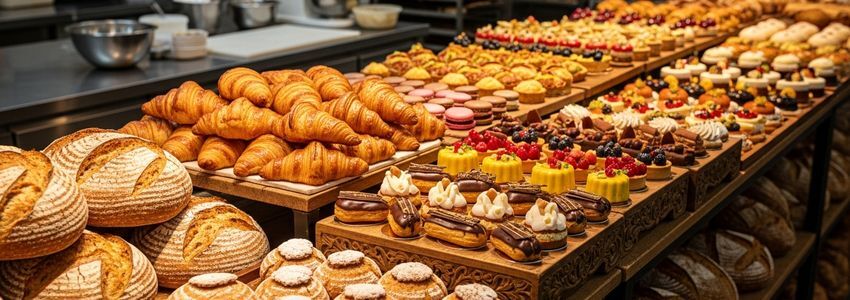 Professional bakery production area with artisan breads and pastries on display shelves