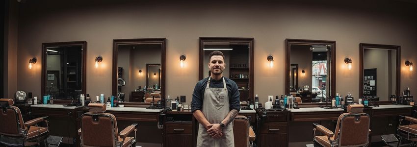 Professional barber standing in a modern barbershop with barber chairs and warm lighting