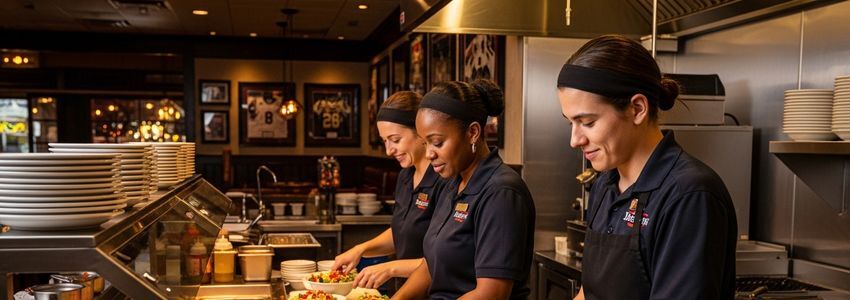 Beef O''s Brady's franchise owner and employee preparing food at counter