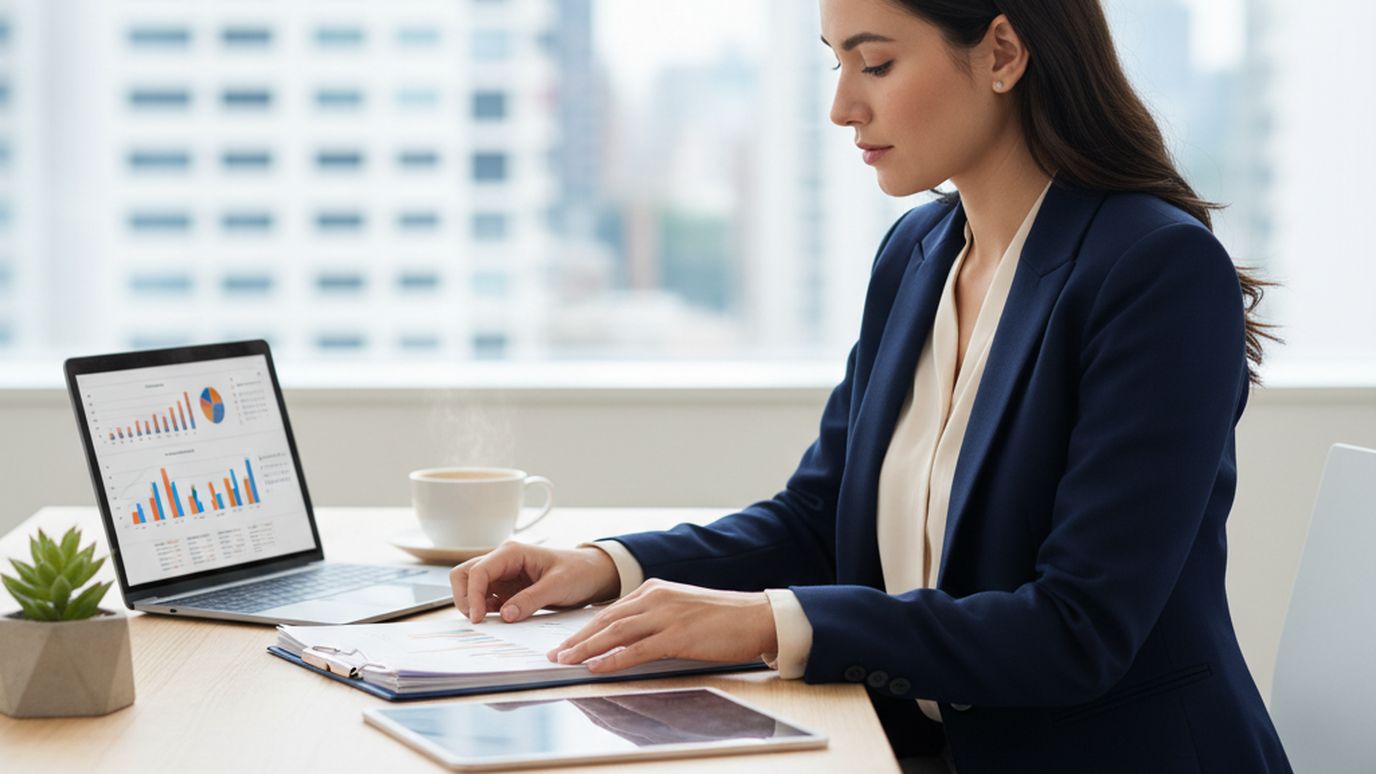 Confident small business owner reviewing financial documents at a desk