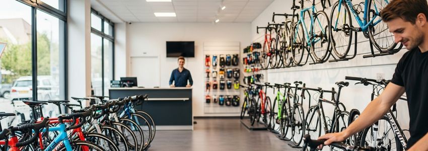 Bicycle shop interior with colorful bikes on display racks and professional sales staff