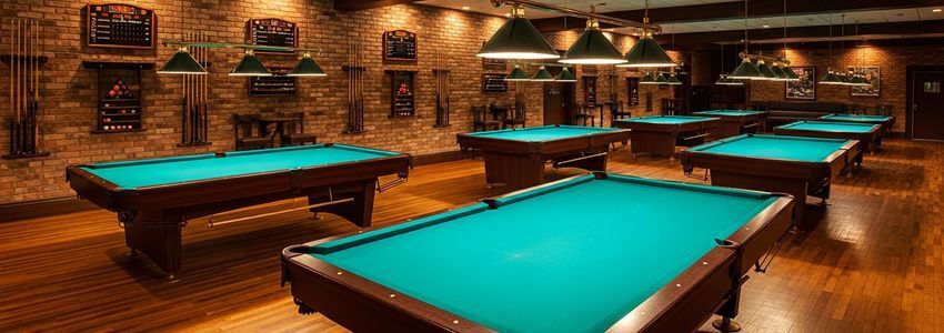 Interior of an upscale billiard hall with green felt pool tables and professional lighting