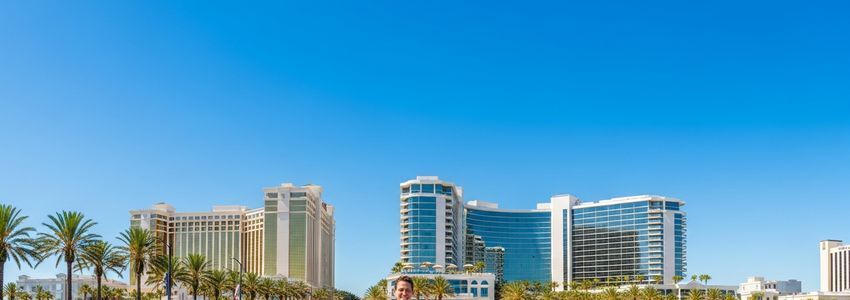 Biloxi Mississippi Gulf Coast waterfront business district with small business owner