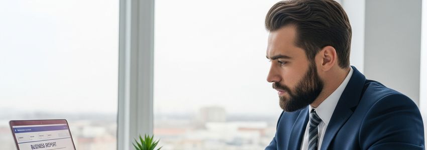 Business owner reviewing business credit report on laptop in modern office