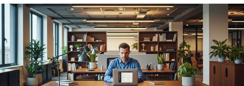 Business professional working on a laptop in a modern office, representing business efficiency