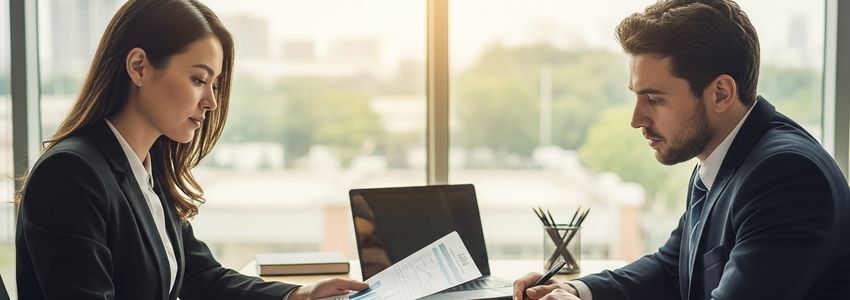 Business owner and financial advisor reviewing loan documents at a modern office desk, planning a blended financing strategy