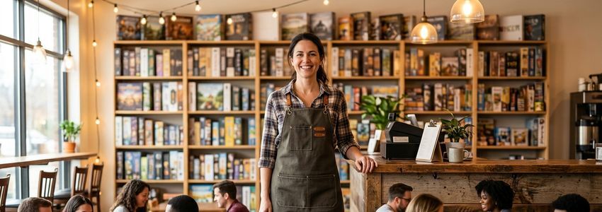 Board game cafe owner smiling behind the counter with shelves of tabletop games in the background