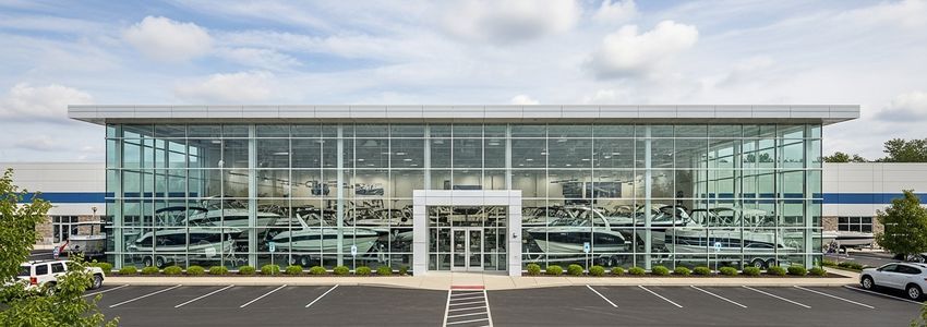 Boat dealership showroom exterior with boats on display