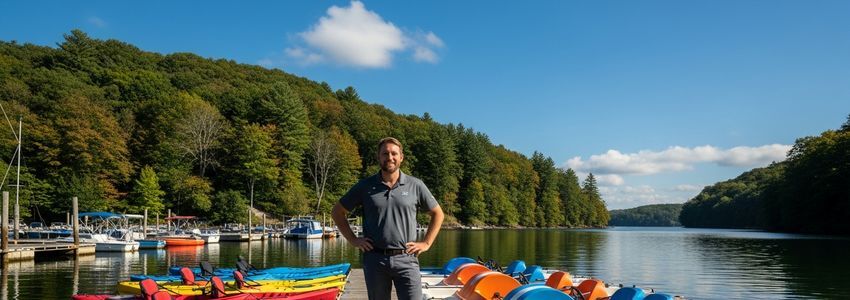 Boat rental business owner at marina dock with fleet of rental watercraft