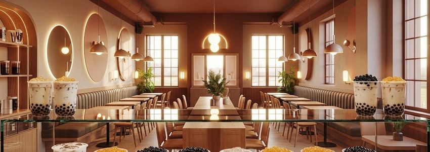 Boba tea shop interior with colorful bubble tea drinks on display