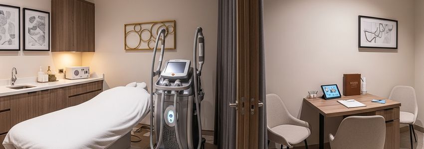 Body contouring treatment room with professional aesthetics equipment in a modern medspa