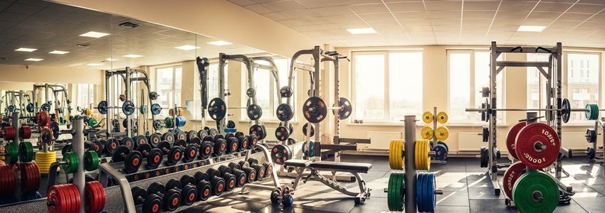Bodybuilding gym interior with free weights, squat racks, and barbells for gym business financing blog