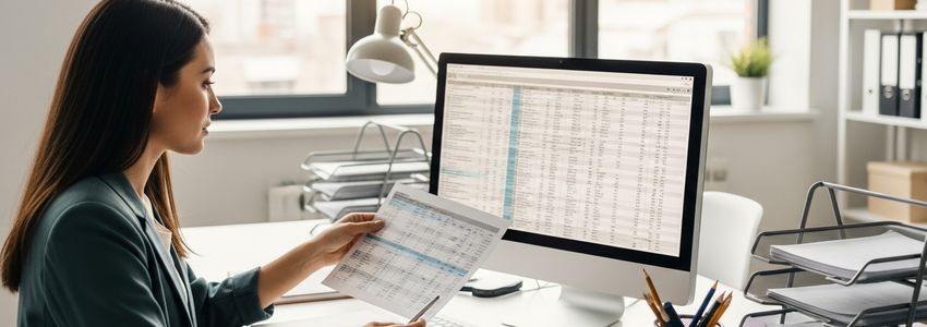 A professional bookkeeper reviewing financial documents and spreadsheets on a computer in a modern office