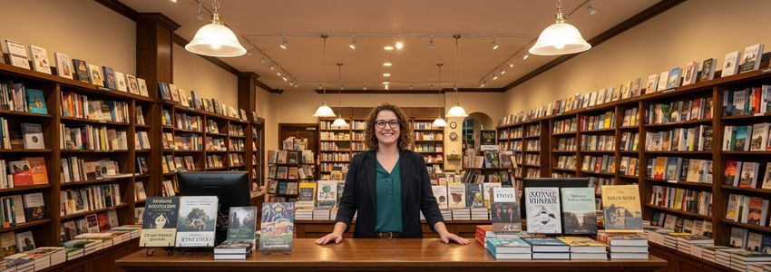 Independent bookstore owner standing at sales counter surrounded by bookshelves