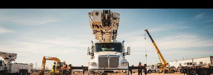 A boom truck with crane arm extended at a construction site with workers and heavy equipment visible in background