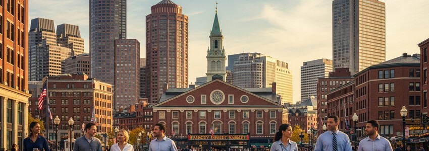 Boston skyline with small business owners in the foreground representing business financing opportunities in Massachusetts