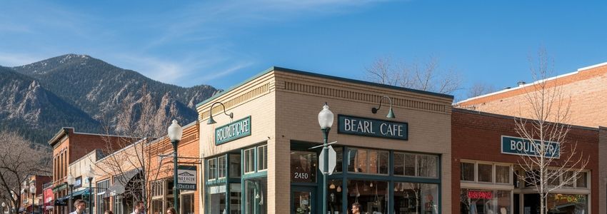Small business district on Pearl Street in Boulder, Colorado with mountain views