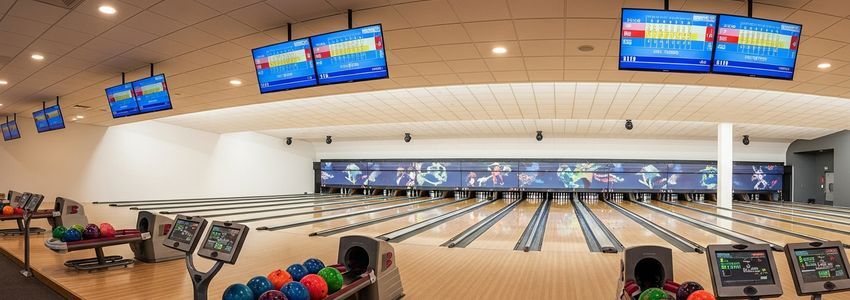 Modern bowling alley interior with multiple lanes and professional lighting