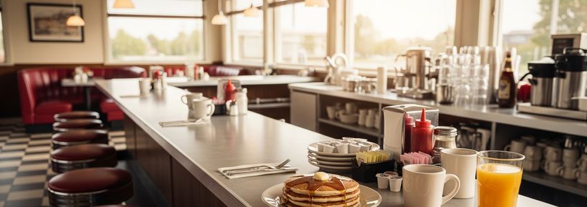 Bright American breakfast diner interior with pancakes, eggs, and coffee for restaurant owners seeking business loans