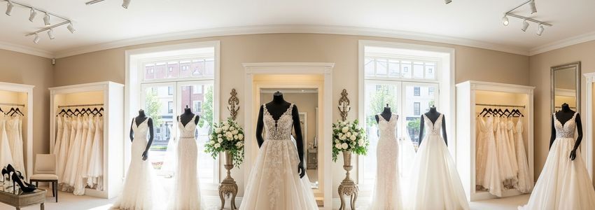 Bridal boutique showroom with wedding dresses on display