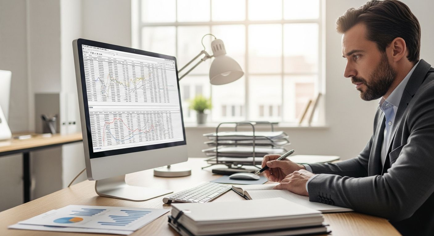 Business owner reviewing commercial bridge loan documents at a modern office desk