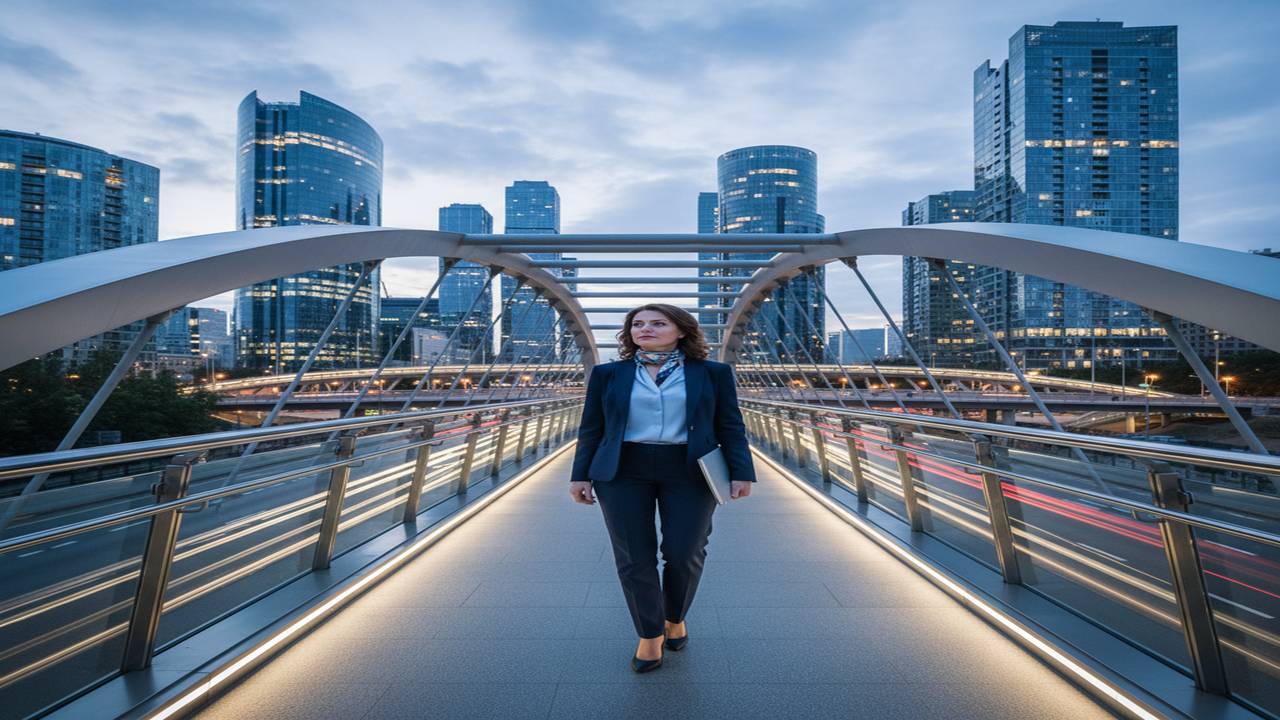 Small business owner standing confidently on a bridge representing bridge financing