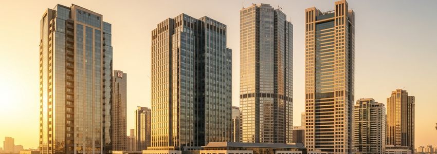 Modern commercial district skyline representing bridge loans for business financing