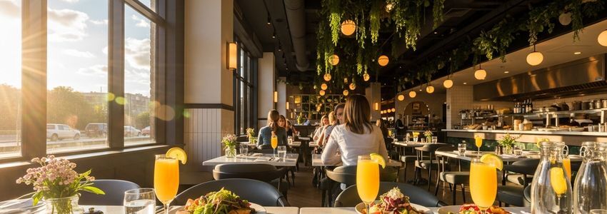 Brunch restaurant interior with tables set for morning service with mimosas and fresh food