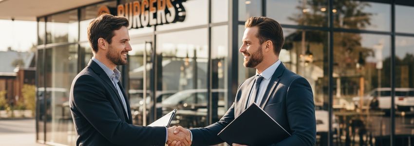 Two business professionals shaking hands in front of a modern burger franchise restaurant exterior