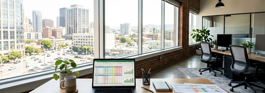 Business office workspace with budget spreadsheets and financial documents for loan application