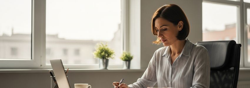 Business owner reviewing credit line documents at office desk