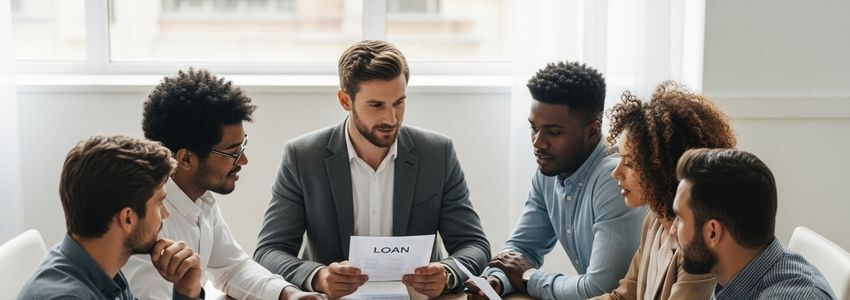 Small business owners reviewing revenue-based loan options with a financial advisor