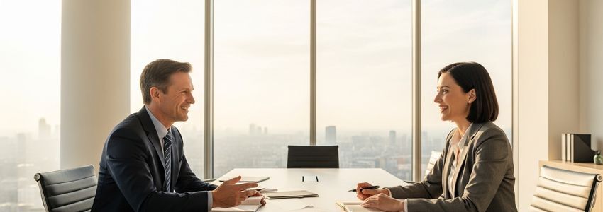 Business professionals reviewing loan documents in a corporate office setting
