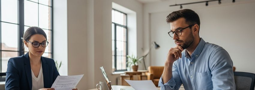 Business professional reviewing loan default rate statistics at office desk