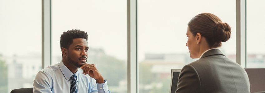 Business owner and loan officer reviewing loan application documents in a professional office setting